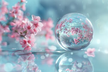 Serene Glass Sphere Reflecting Beautiful Pink Cherry Blossoms on a Rainy Day