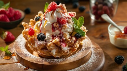 A mouthwatering display of ice-cream sundaes presented on a rustic wooden platter, accented with fresh berries and mint leaves, evoking the essence of summertime indulgence