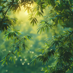 A lush green forest with sunlight shining through the leaves. Concept of tranquility and serenity, as the sunlight filters through the trees, creating a peaceful atmosphere