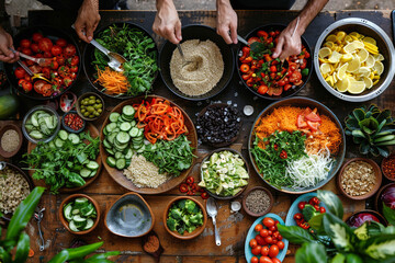 Colorful Assortment of Fresh Ingredients. Overhead view of various fresh foods being prepared on a rustic table.