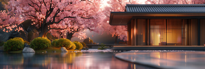 3D animation of a beautiful small traditional house, japanese style, next to a deciduous cherry...