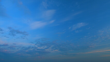 Different shades sky with gray clouds. Twilight time. Widescreen panorama of sunset sky. Timelapse.