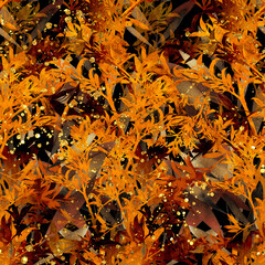 Fantastic delicate silhouettes of dry flowers boho chic endless motif. Digital art and watercolour, ink texture. Seamless pattern for packaging, scrapbooking, textile. Modern art-deco.