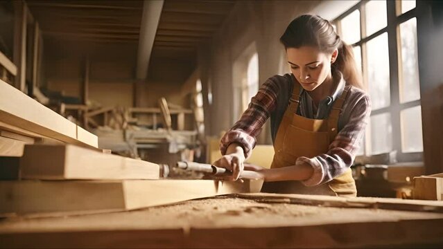 Portrait view of woman carpenter in workshop , female carpenter using some power tools in the woodshop 