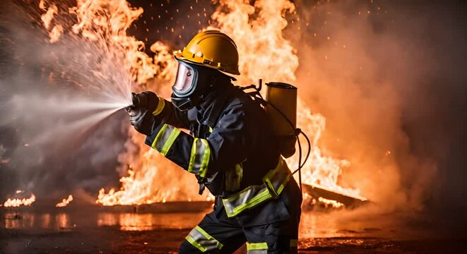 Firefighter pouring water on a fire.