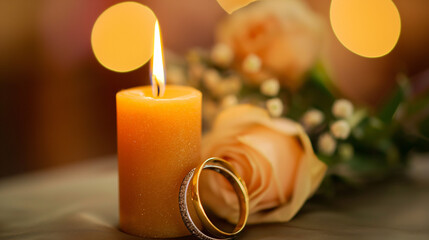 Golden candle with wedding bands and soft-focus flowers in the background