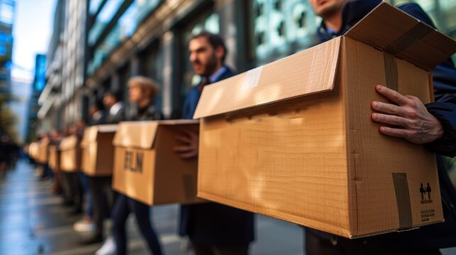 Several laid-off business representatives hold boxes full of documents and say goodbye to each other with sad speeches, with modern financial buildings in the background，Farewell Amidst Downsizing: