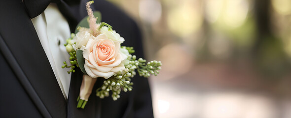 Groom's boutonniere with rose and green accents pinned on a black suit