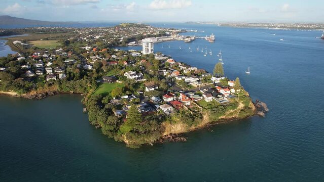 Coastal Town With Settlements On Blair Park In Stanley Bay, Auckland, North Island, New Zealand. Aerial Shot
