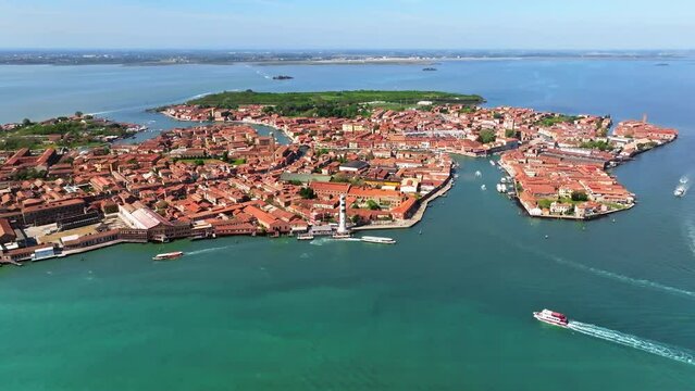 Distant aerial view of Murano Island, Venice, Italy on a sunny day