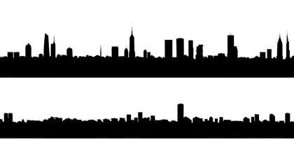 Set of Black and White Urban City Skylines with Distinct Building Silhouettes
