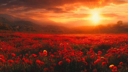 A field of red flowers with a bright sun in the sky. The sun is shining brightly on the flowers, making them look even more vibrant and beautiful. The scene is peaceful and serene