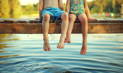 children Friends sitting on wooden pier with their legs hanging down in summer