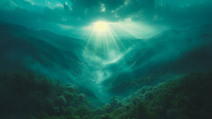 Fototapeta premium A mountain range with a bright sun shining through the trees