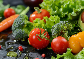 Poster of various vegetables, cherry tomatoes, lettuce leaves, broccoli, yellow pepper, carrots 