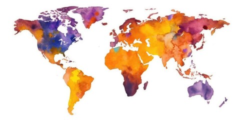 Watercolor map of the world with splashes of vibrant colors and a white background for a creative...