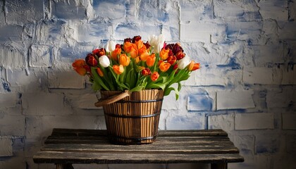 showcasing a stunning bouquet of tulip flowers juxtaposed against a textured white wall, complemented by a wooden copy space background