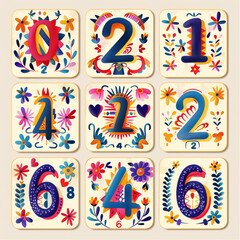 
A set of numbers from one to nine in the style of Mexican paper cut, vector illustration with bright colors and white background,