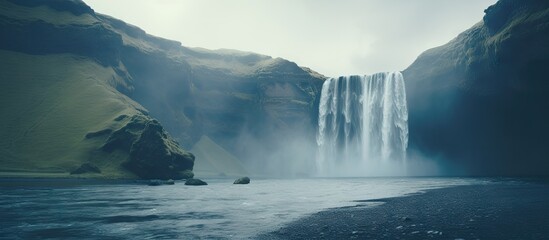 Scenic waterfall in front of a beautiful landscape, created with AI