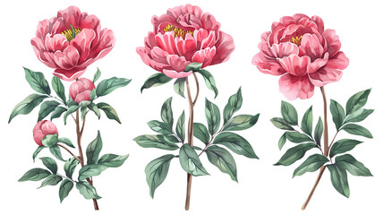 Blossomed peony flowers set. Japanese floral buds, plants, gorgeous bouquet. Beautiful Japan blooms in retro style. Realistic botanical hand-drawn vector illustrations set isolated on white background