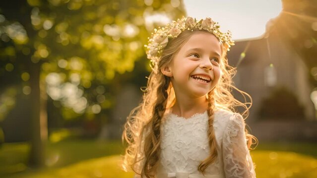 Portrait of pretty girl with first communion dress on church background