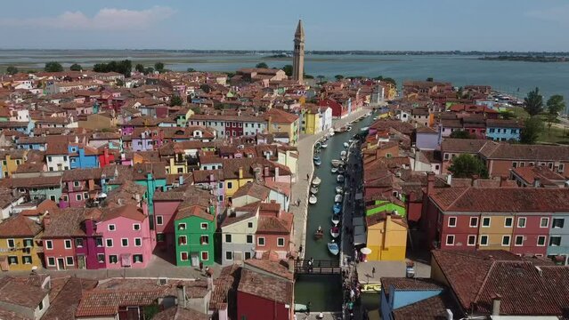 Aerial View Colorful Houses and Leaning Tower of Burano Island in Venice, Italy 