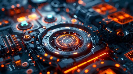 Fototapeta premium Futuristic Technology Circuit with Glowing Elements,A highly detailed image of a futuristic technology circuit board with glowing red and orange elements, illustrating complex engineering 