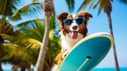 cute dog on a surfboard with sun and palms in background