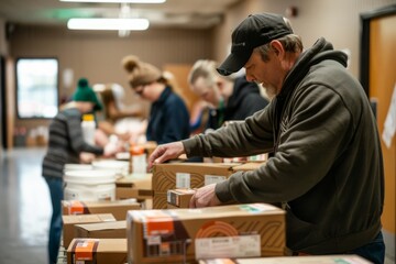 A group of people standing around boxes of food, water, and medical supplies, actively packing and preparing emergency supplies for distribution