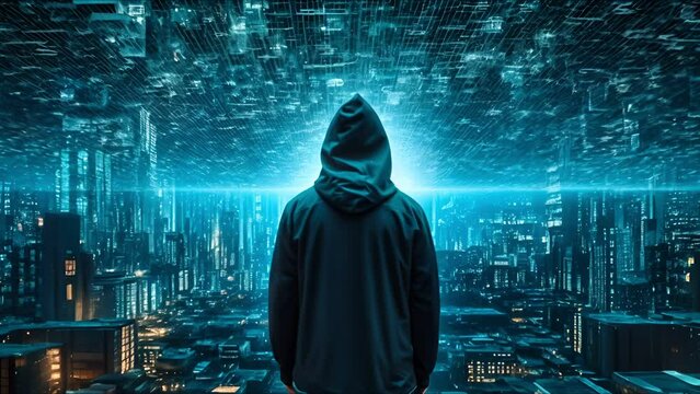 Man in hoodies jackets stand with binary code digital interface , Data thief 