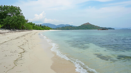 Obraz premium Sandy tropical beach with island on background. Generative AI