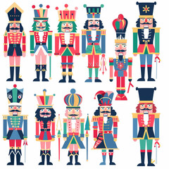 set of vector illustration Christmas nutcracker toy soldiers in different poses against a white background.