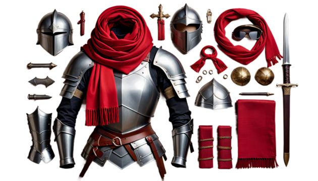 red scarf armor woman human face armoring breastplate person portrait clothing female warrior foulard protection mediaeval battle fighter sword shield metal