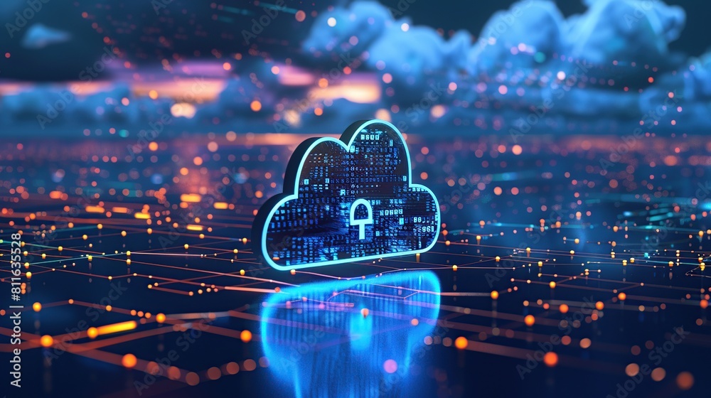 Poster Digital technology and cloud network connections. Cloud and padlock icon on dark background.