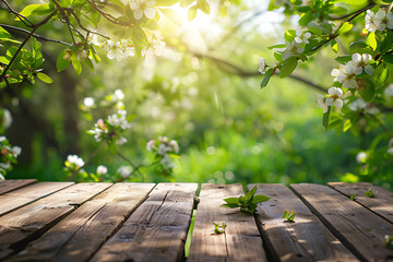 Naklejka na ściany i meble Spring beautiful background with green lush young foliage and flowering branches with an empty wooden table on nature outdoors in sunlight in garden