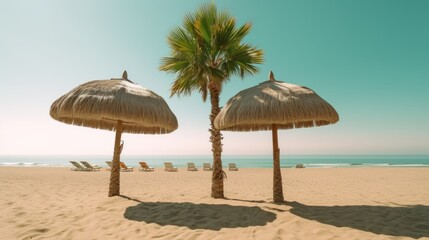 beautiful beach with bright blue skies and there are straw umbrellas located evenly on the beach sand