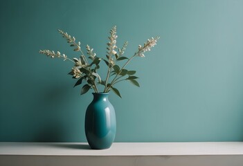 Clean Aesthetic Scandinavian style table with decorations. Zen. Spiritual Vase and flowers. tone on tone. Teal, turquoise. 