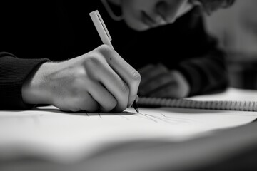 A person sitting at a desk, writing on a piece of paper with a pen. Close-up view of the hand in...
