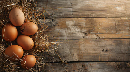 Hay with fresh eggs on wooden background - Powered by Adobe