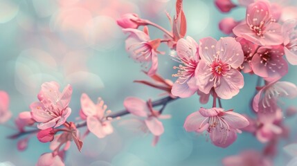beautiful blooming cherry flowers on a blurred background, creating a bokeh effect. The flowers have a soft pink color with yellow and red cores