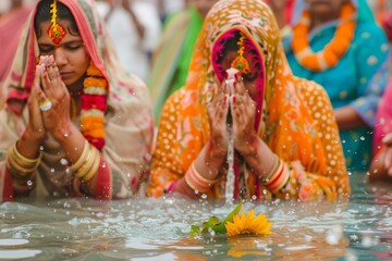 Indian women celebrating Chhath Puja festival