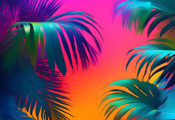 Fototapeta na wymiar A digital art piece featuring tropical and palm leaves in bold gradient holographic colors