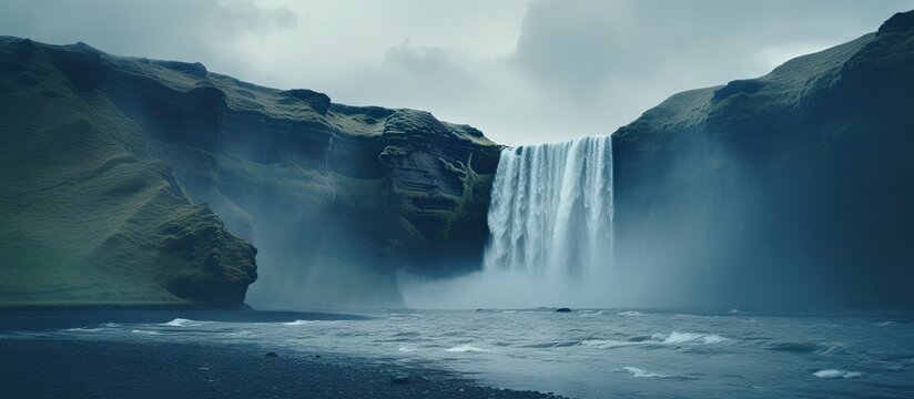 Scenic waterfall in front of a beautiful landscape, created with AI