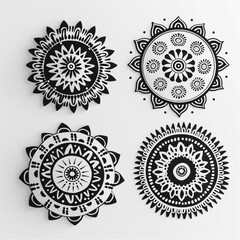 A set of simple black mandala patterns in the style of vector illustrations against a white background with simple shapes and no details