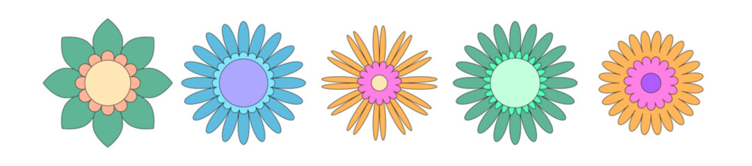 set of simple flat flower icons in bright colors.