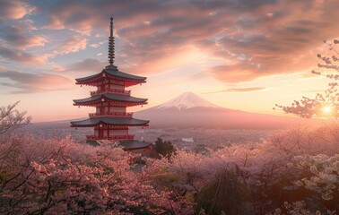Obraz premium Japanese pagoda, building or house intersecting with the beautiful mount fuji scenery, stunning view, created with AI