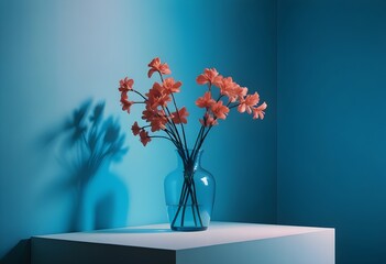 Clean Aesthetic Scandinavian style table with decorations. Zen. Spiritual Vase and flowers. Art, neon, museum, exhibition. 