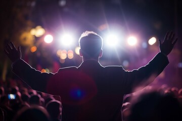 Dynamic Male Performer Captivating Audience at Open-Air Night Concert, Energizing Spectators with Electrifying Stage Presence and Unforgettable Musical Performance