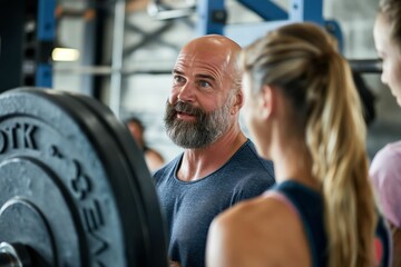 Supportive Bald Fitness Trainer Providing Encouraging Advice to Young Woman Amidst Bustling Gym Environment, Motivating Her Towards Health and Wellness Goals