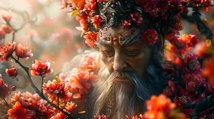 A man with long hair and flowers in his hair.